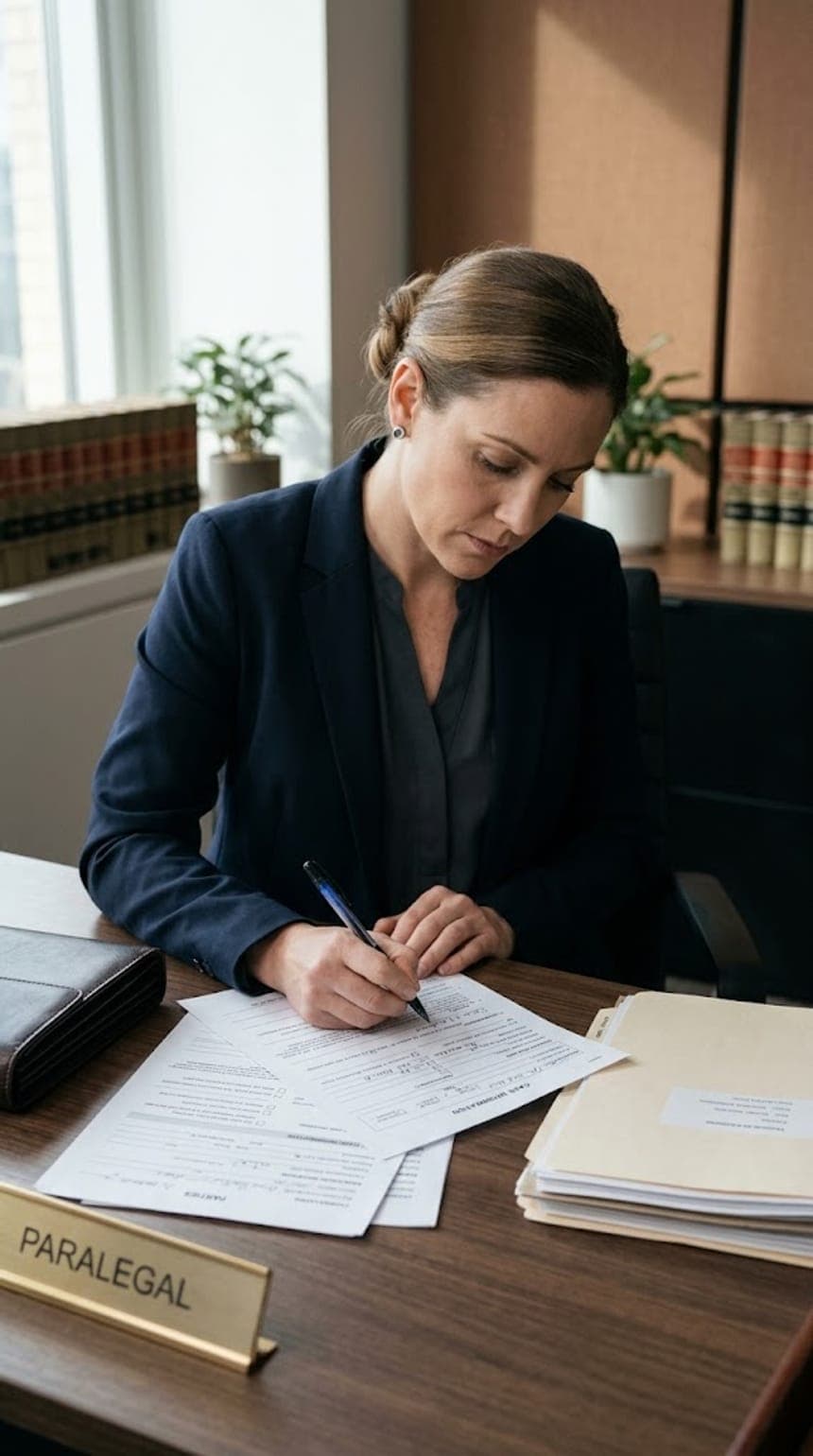 A paralegal reviewing filings at a desk
